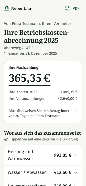 Die Abrechnung zum Antippen auf dem Handy: Ihre Nachzahlung 365,35 Euro, darunter die Positionen zum Aufklappen.