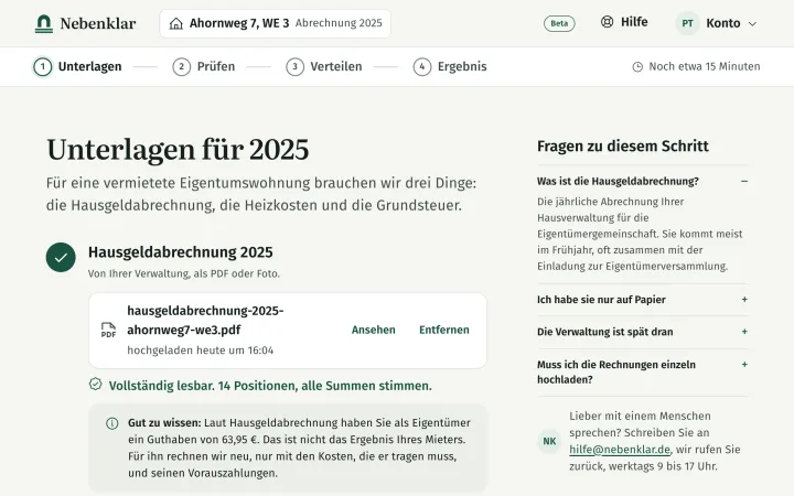 Nebenklar, Schritt Unterlagen: die Hausgeldabrechnung 2025 ist hochgeladen, vollständig lesbar, 14 Positionen, alle Summen stimmen.
