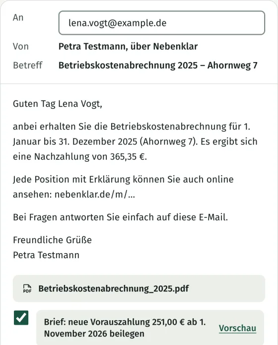E-Mail an die Mieterin mit der Betriebskostenabrechnung 2025 als PDF und dem Brief zur neuen Vorauszahlung von 251,00 Euro ab 1. November 2026.